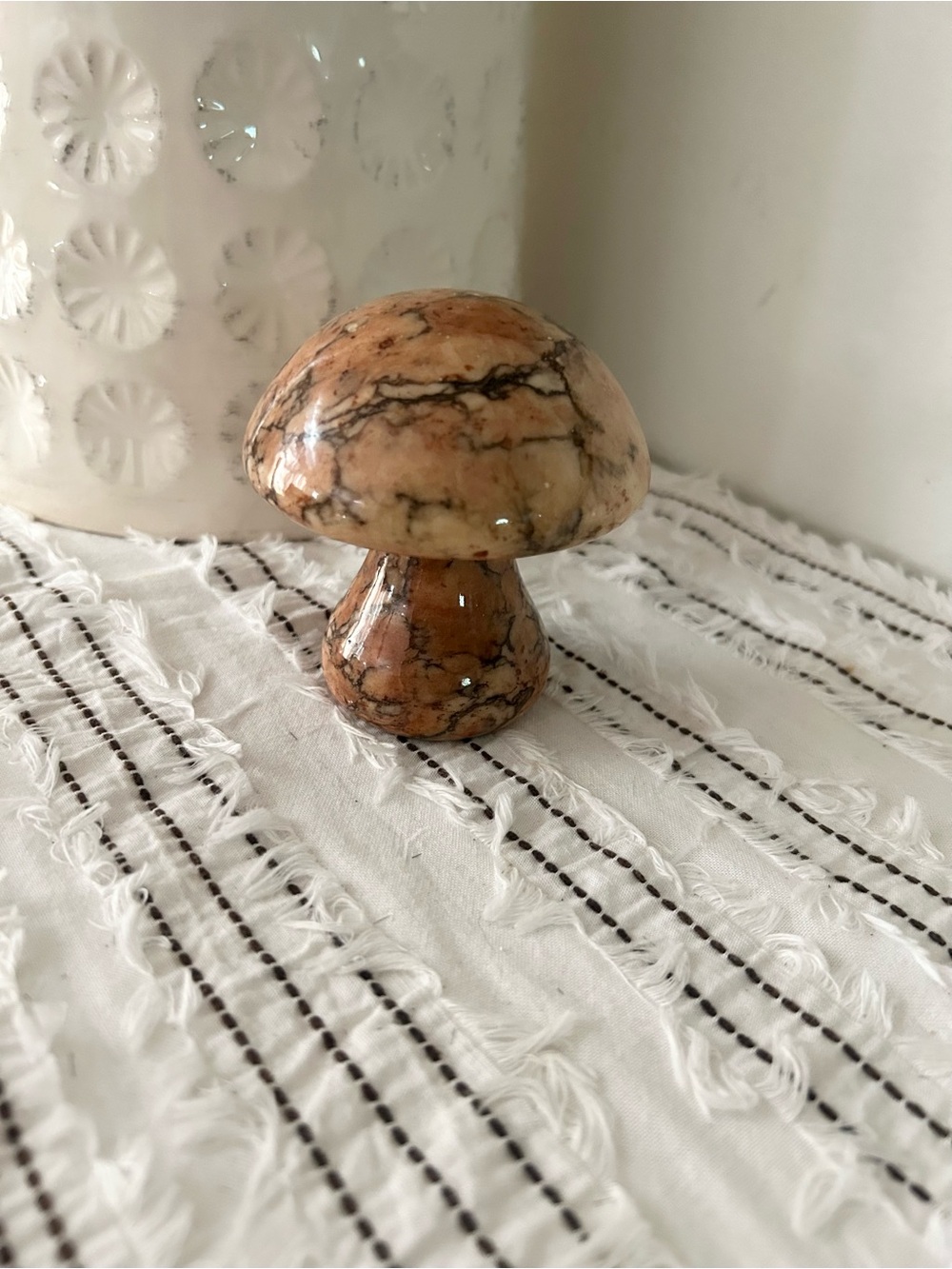 Vintage Italian Hand-Carved Alabaster Mushroom Sculpture 3.5” Whimsical Decor